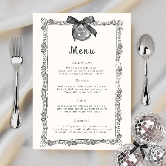 Menu Coquette Black Bow & Disco Chic Anniversaire