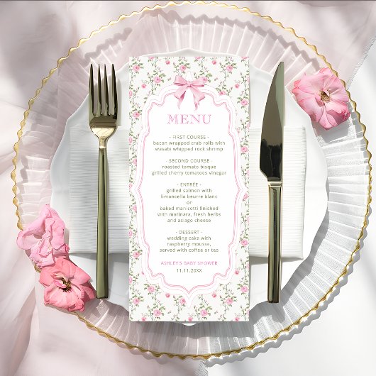 Menu Coquette Bow rose Elégant Baby shower Vintage