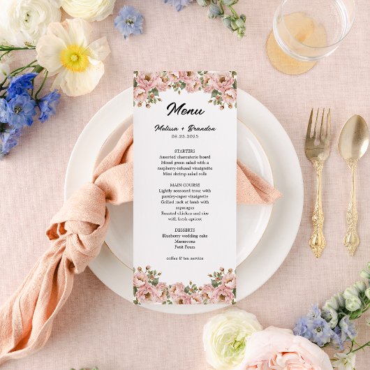 Menu Coquette Floral Blush Mariage rose