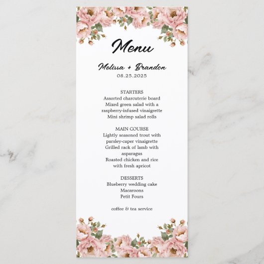 Menu Coquette Floral Blush Mariage rose (Devant)