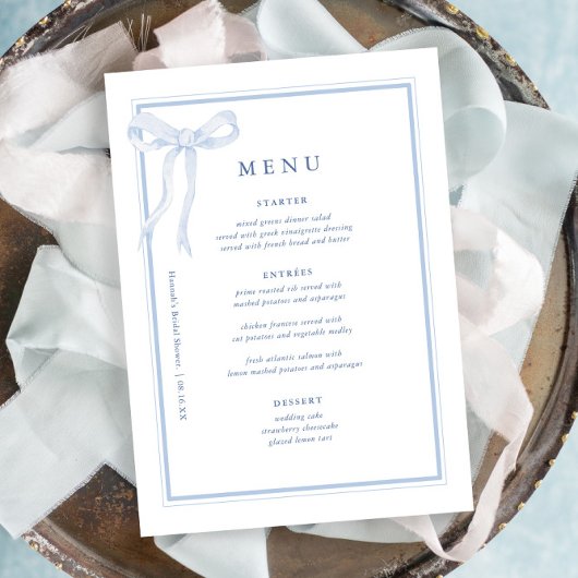 Menu Coquette Toile Blue Bow Fête des mariées
