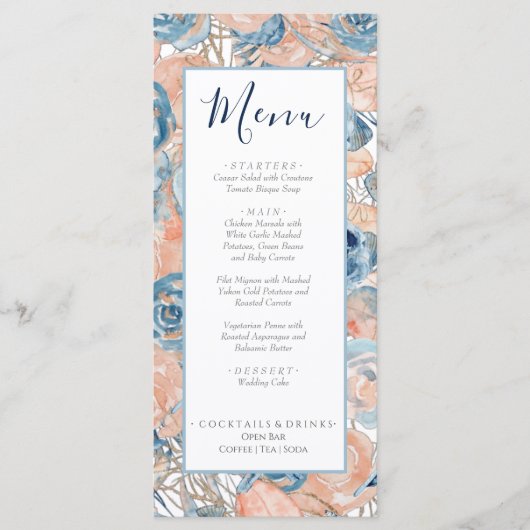 Menu Coquillage de plage Mariage nautique et Roses (Devant)