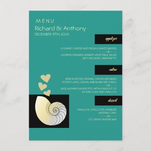 Menu Coquillage et Coeurs, Mariage plage (Devant)