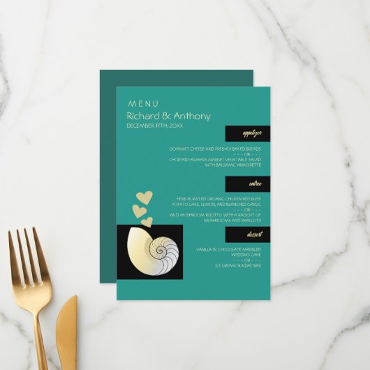 Menu Coquillage et Coeurs, Mariage plage (Devant/Arrière en situation)