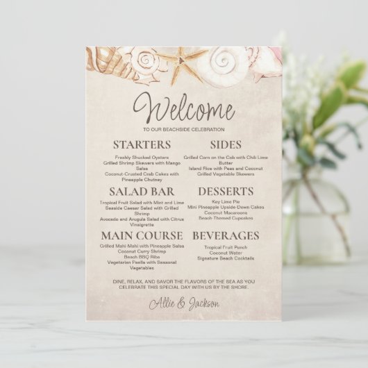 Menu Coquillages De Plage Sable Réception De Mariage Dé (Debout devant)