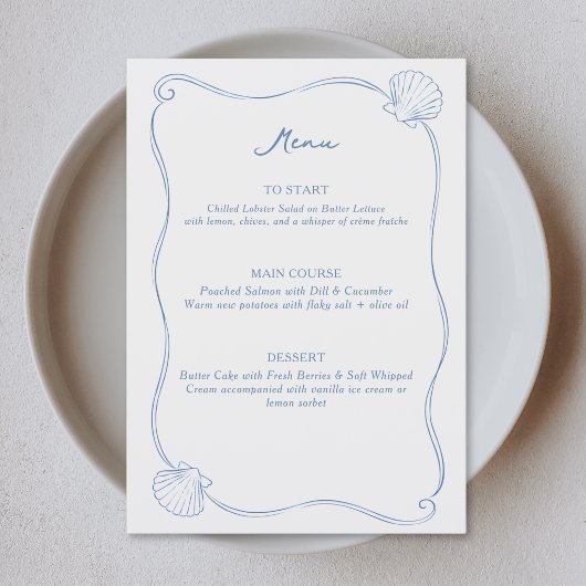 Menu Coquillages Dessinés à la Main Bleu et Blanc Côtie