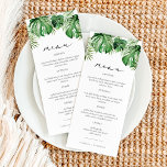 Menu CORA Modern Tropical Beach Palm Leaf Destination<br><div class="desc">Ce menu est composé de feuilles de palmiers d'aquarelle tropicale et d'une police de caractères élégante. Ce menu est parfait pour votre mariage de destination,  bachelorette de plage,  baby shower tropical neutre genre ou tout autre événement. Modifiez facilement le libellé *most* pour répondre à vos besoins.</div>