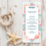 Menu Corail tropical | Sous Le Mariage De La Mer<br><div class="desc">Nautique, menu mariage à thème "Under the Sea" propose une aquarelle colorée, des récifs de corail et des coquillages dans les tons aqua, menthe, corail et rose avec des lettrages bleu marine. Le côté inverse est un motif de coquillages et de corail sur un arrière - plan bleu marine. Coordonné...</div>