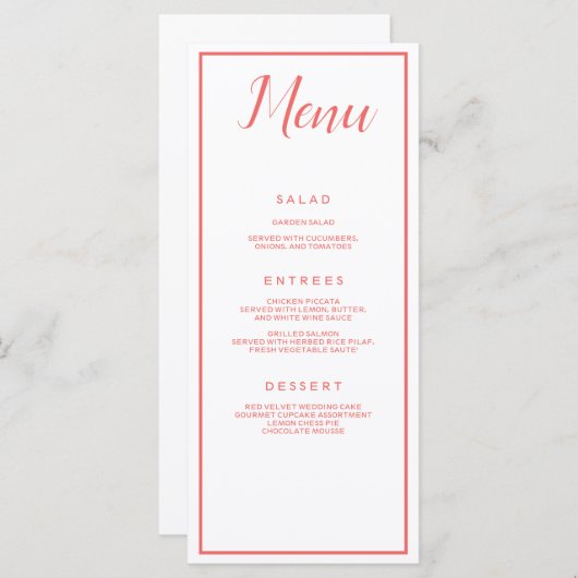 Menu Coral and White Classic (Devant / Derrière)