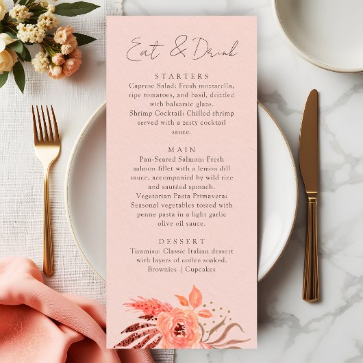 Menu Coral Floral Terracotta Eat and Drink Wedding