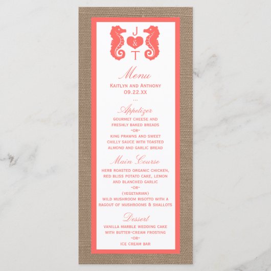 Menu Coral Seahorse Burlap Beach Wedding Collection (Devant)