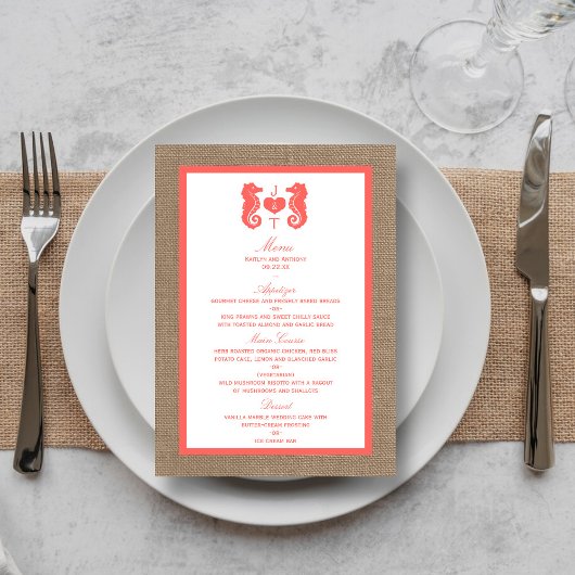 Menu Coral Seahorse Burlap Beach Wedding Collection