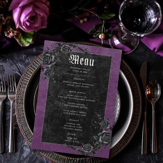 Menu Corbeau noir gothique et Rose Mariage violet