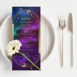 Menu Cosmic Purple Turquoise or Sun Moon Mariage d'astr<br><div class="desc">Cosmic Purple Turquoise Gold Sun Moon Astronomy Cartes de menu Mariage propose un soleil, une lune et des étoiles avec un cadre doré sur un arrière - plan cosmique coloré violet, turquoise et bleu avec les détails de votre menu dans le centre dans le script de calligraphie or moderne. Personnalisez...</div>