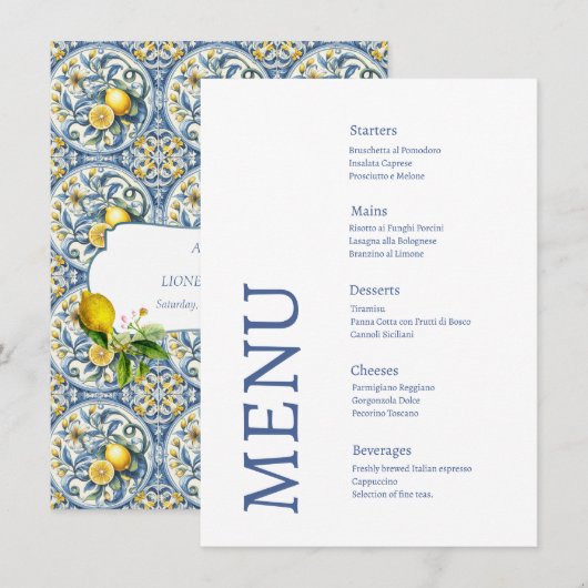 Menu Côte d'Amalfi Carreaux de citron Italie Mariage (Devant / Derrière)