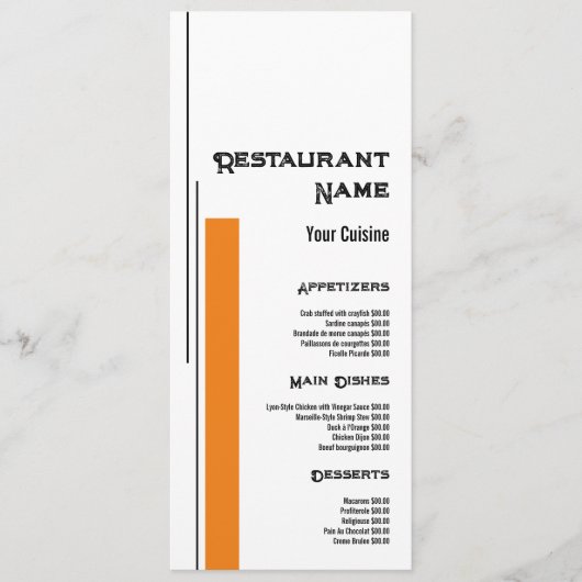 Menu Couleur de bloc classique, Restaurant Slimline (Devant)