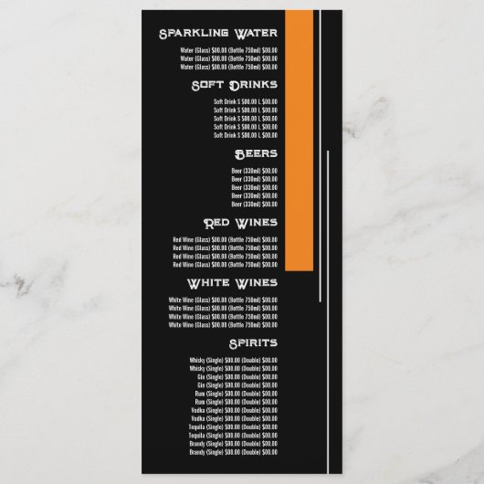 Menu Couleur de bloc classique, Restaurant Slimline (Dos)