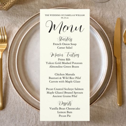 Menu Couleur ivoire, style simple, dîner de mariage