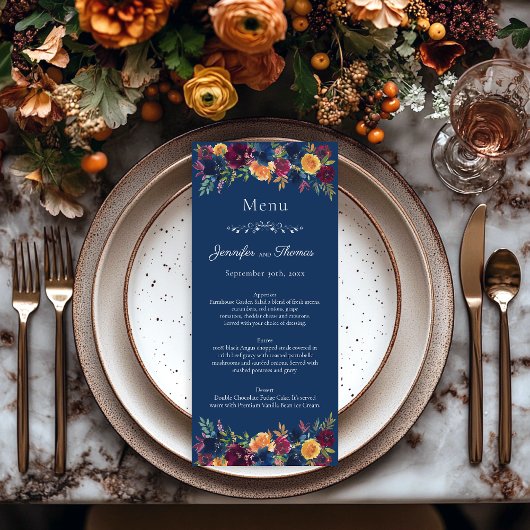 Menu Couleur vive Aquarelle Marine bleu Mariage Floral