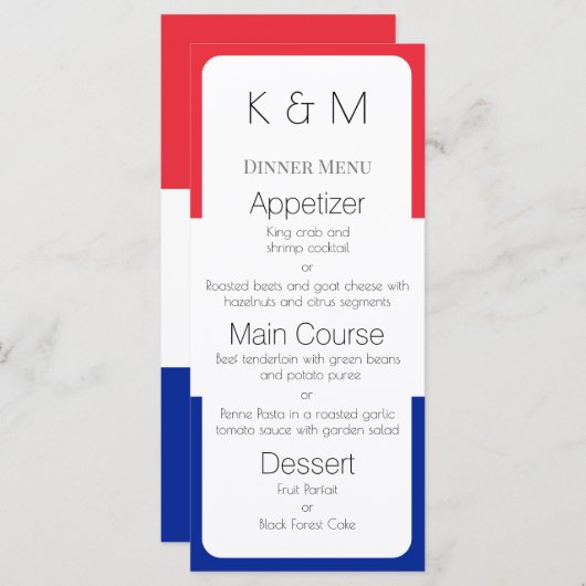 Menu Couleurs du drapeau de France Dîner français (Devant / Derrière)