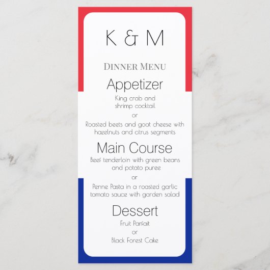 Menu Couleurs du drapeau de France Dîner français (Devant)