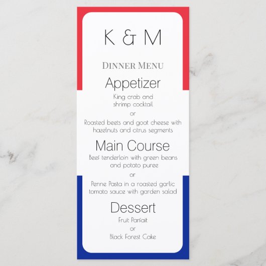 Menu Couleurs du drapeau français Dîner français (Devant)