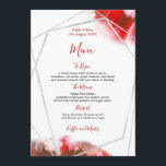Menu Couleurs rouges/Mariage géométrique argent<br><div class="desc">Ce design élégant a une typographie noire et rouge riche avec un cadre géométrique argenté sur le dessus de l'aquarelle abstraite rouge sur deux des coins. Le texte est facilement personnalisé et vous pouvez changer la couleur de l'arrière - plan si vous le souhaitez.</div>