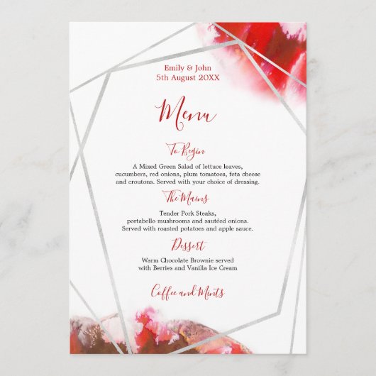 Menu Couleurs rouges/Mariage géométrique argent (Devant)
