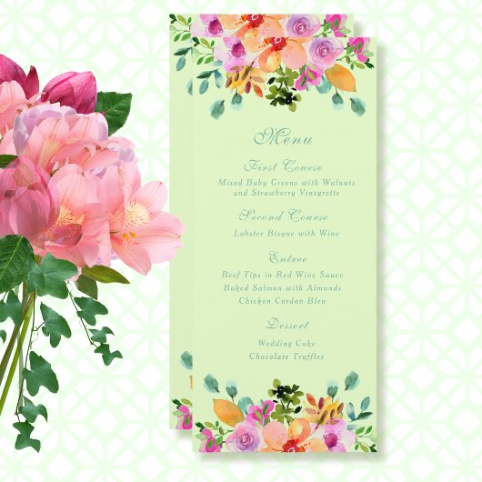 Menu Couleurs vives Vert Floral Printemps Mariage été