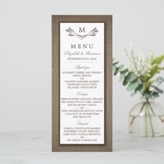 Menu Country Rustic Monogramme Branche & Mariage Burlap (Debout devant)