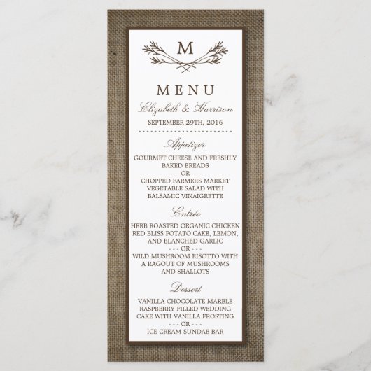 Menu Country Rustic Monogramme Branche & Mariage Burlap (Devant)