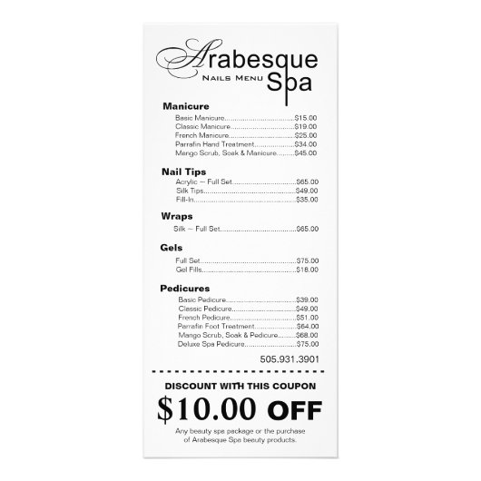 Menu Coupon Spa de beauté (Dos)
