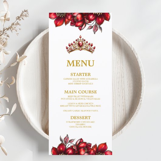 Menu Couronne de fleurs en Diadème Rouge Doré pour Quin