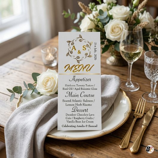 Menu Couronne de laurier dorée élégante Monogramme de m