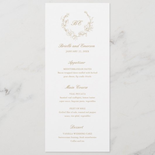 Menu Couronne de mariage élégante monogramme or (Devant)