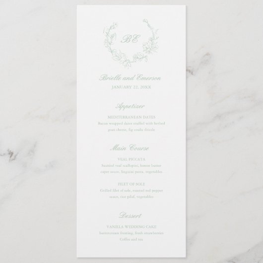 Menu Couronne de monogramme élégant de mariage vert sau (Devant)