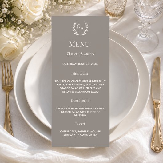Menu Couronne de monogramme Taupe Ivory classique pour 