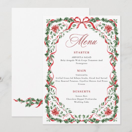 Menu Couronne de Noël Fantaisiste Ruban Rouge pour Dîne (Devant / Derrière)