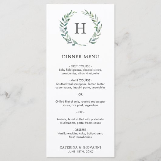 Menu Couronne de verdure à monogramme Élégant mariage (Devant)