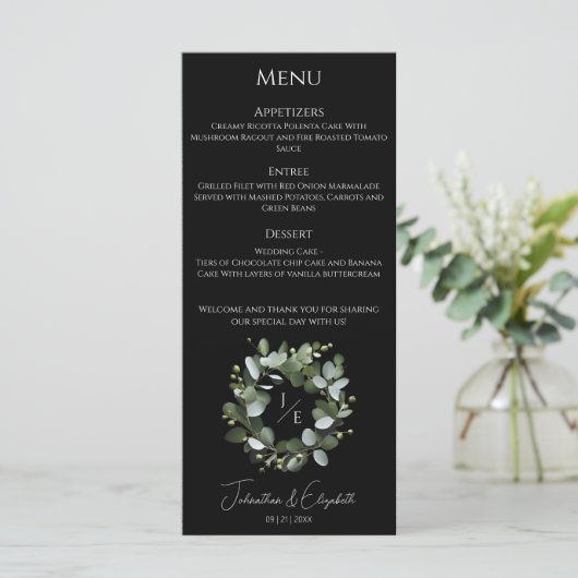 Menu Couronne Monogramme Eucalyptus moderne | Black (Debout devant)