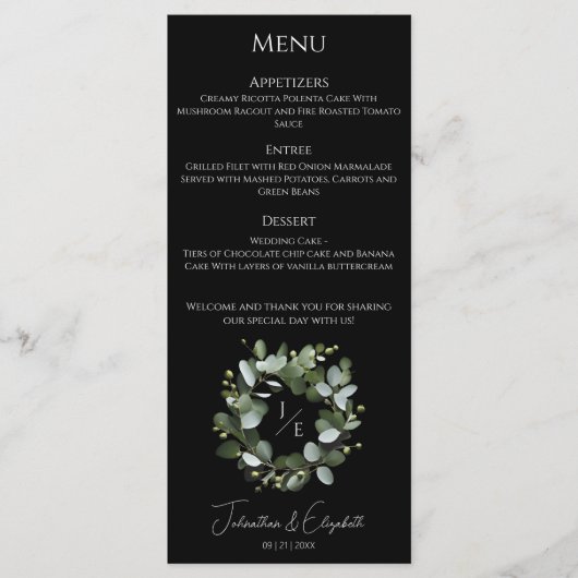 Menu Couronne Monogramme Eucalyptus moderne | Black (Devant)