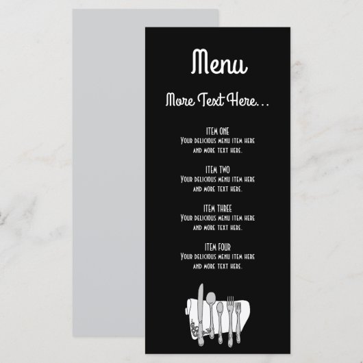 Menu Couverts Noir et Blanc Design Éditable 4" x 9" (Devant / Derrière)