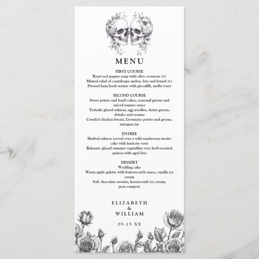 Menu Crânes Floraux Roses Noires Et Blanches Mariage Go (Devant)