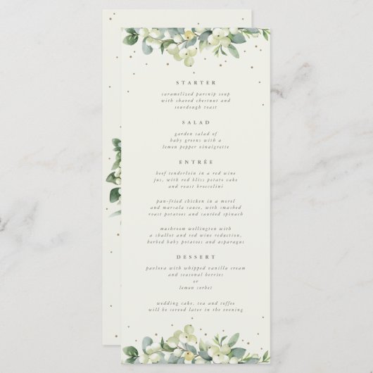 Menu Crème Snowberry+Eucalyptus 4 Parcours Mariage plat (Devant / Derrière)