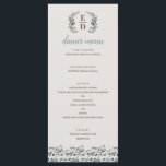 Menu Crest jardin | Eggshell | Mariage de monogramme<br><div class="desc">Ce menu mariage élégant et chic présente des fleurs d'aquarelle peintes dans les tons bleu et rose et est assorti à un motif floral sur le dos. Personnalisez-le avec votre propre texte en utilisant les modèles fournis. La couleur arrière - plan est réglée sur une couleur neutre en coquille d'oeuf,...</div>