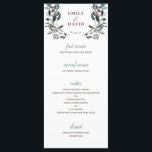 Menu Crest jardin | Mariage floral blanc 4 cours<br><div class="desc">Ce menu mariage élégant et chic présente des fleurs d'aquarelle peintes dans les tons bleu et rose et est assorti à un motif floral sur le dos. Personnalisez-le avec votre propre texte en utilisant les modèles fournis. La couleur arrière - plan est blanche, et elle se coordonne avec notre collection...</div>