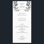 Menu Crest jardin | Mariage floral blanc 4 cours<br><div class="desc">Ce menu mariage élégant et chic présente des fleurs d'aquarelle peintes dans les tons bleu et rose et est assorti à un motif floral sur le dos. Personnalisez-le avec votre propre texte en utilisant les modèles fournis. La couleur arrière - plan est blanche, et elle se coordonne avec notre collection...</div>