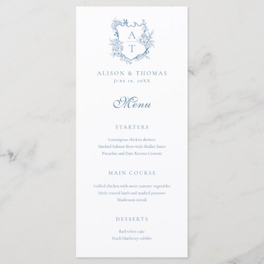 Menu Crest Monogram Vibrant Mariage bleu (Devant)