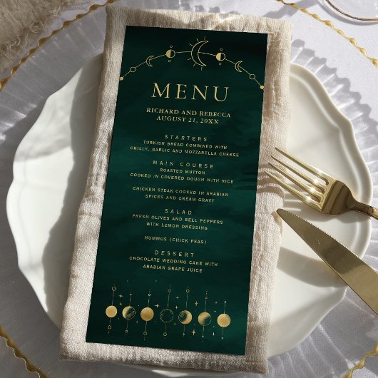 Menu Croissant de Lune de Mariage en Or Émeraude Célest