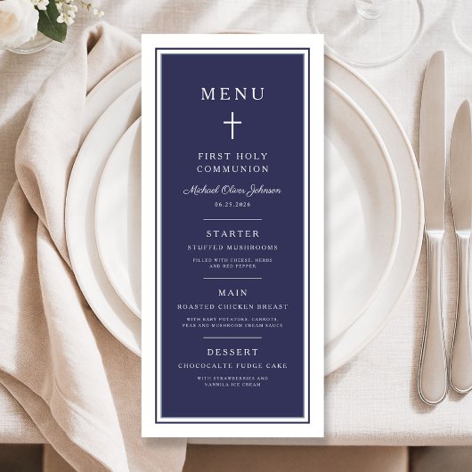 Menu Croix Bleu Marine Moderne Garçon Première Communio